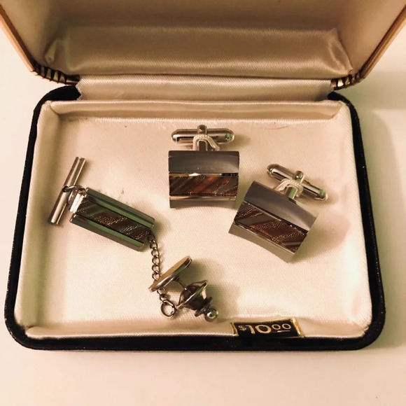 Vintage  Cuff Links Tie Clip and Lapel Pin and Chain - Picture 15 of 16